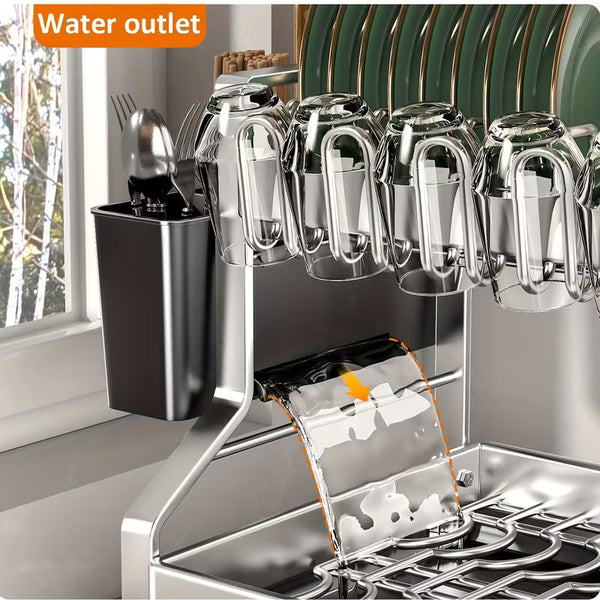 2-Tier Stainless Steel Dish Drying Rack – Rust-Resistant Kitchen Organizer with Automatic Drainage