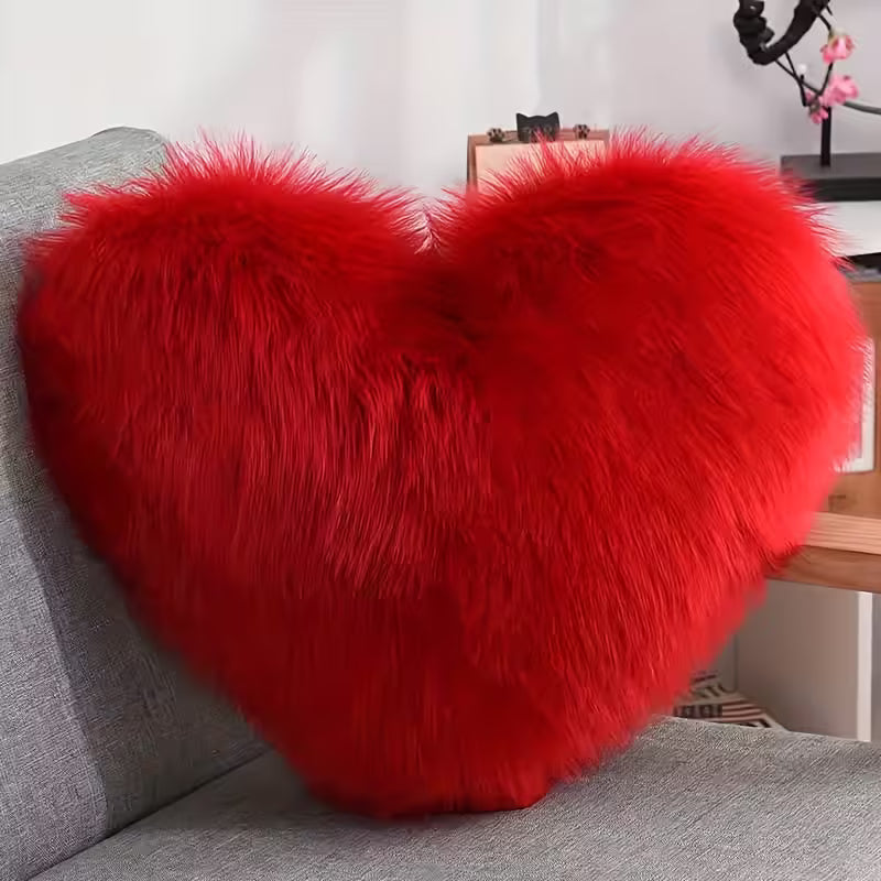 Heart-Shaped Faux Fur Throw Pillow – Soft Decorative Cushion with Zipper Closure for Sofa, Bed &amp; Home Decor