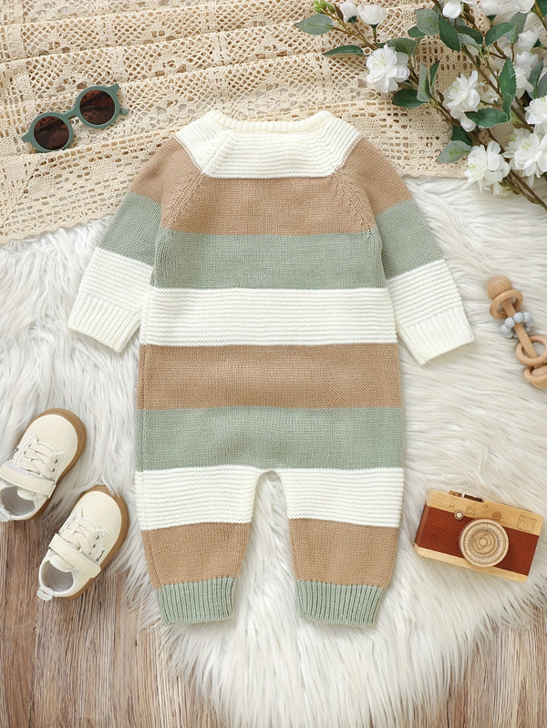 Infant Striped Knit Romper – Long Sleeve Fall/Winter Baby Jumpsuit, Buttoned Shoulder (Cozy One-Piece, Casual Style)