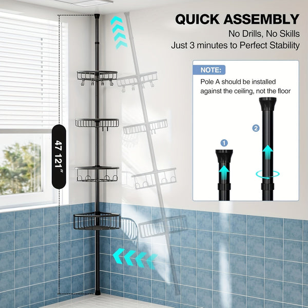 4-Tier Corner Shower Organizer Telescopic Pole Rustproof Bathroom Storage Black