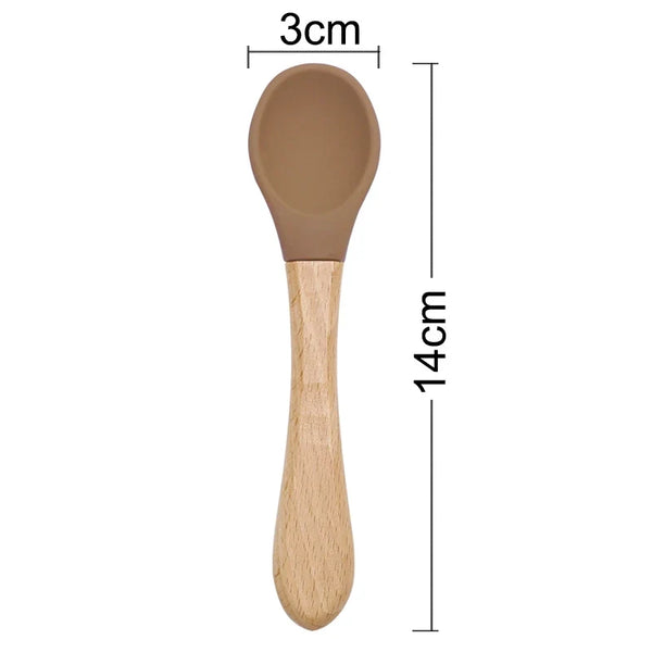 Feeding Wooden Handle Silicone Spoon for Baby – Training Utensils for Solid Foods – Kids' Manipulative Ability Development – Safe and Durable Children's Tableware