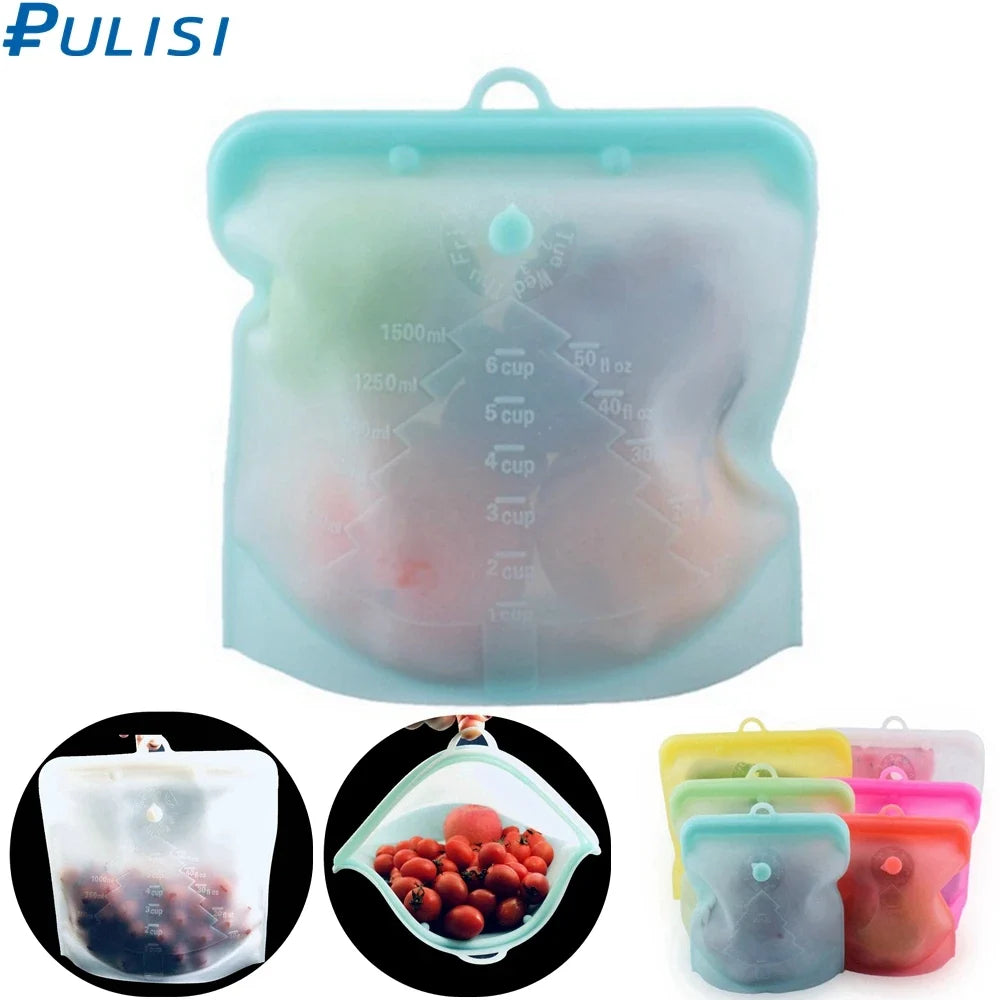 PULISI Silicone Reusable Food Storage Bag – 1500ml/50oz Leakproof Freezer Bag, Fresh-Keeping Snack & Food Storage Bag