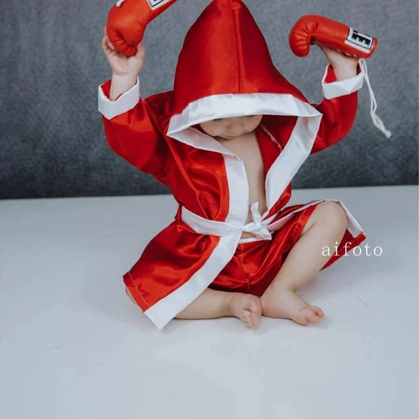Baby Boxer Red Robe & Pants Set – Sanda Free Fight Boxing Glove Shorts for Newborn Photography Props & Infant Photo Accessories