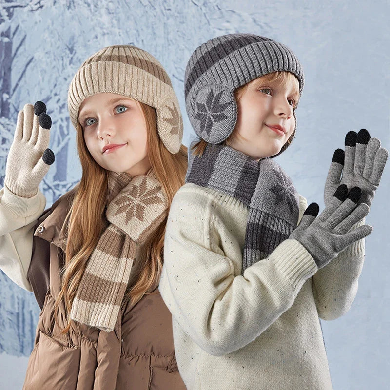 3-Piece Kids’ Winter Set – Plush Lining Hat, Scarf & Gloves with Earflaps, Knitted Beanie & Neck Warmer for Children (Ages 4-10)