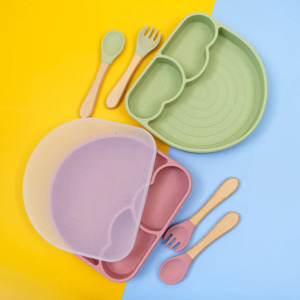 New Design Silicone Dining Plate Suction Cute Cartoon Rainbow Dishes Toddle Training Feeding Sucker Bowls Children's Tableware