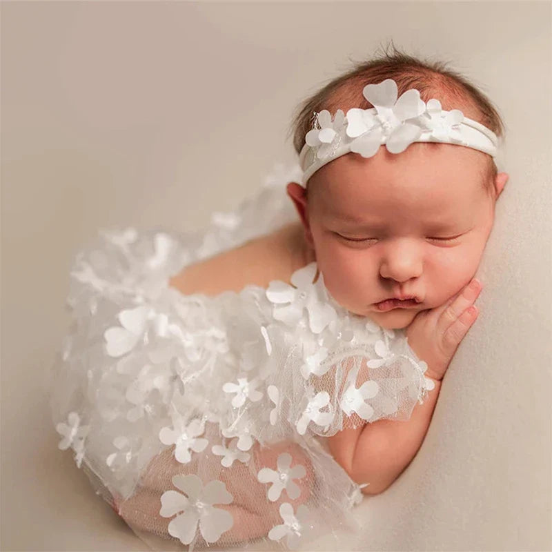 Ylsteed 2-Piece Newborn Girl Photography Outfit – Embroidered Flower Romper with Headband for Baby Photo Shoots