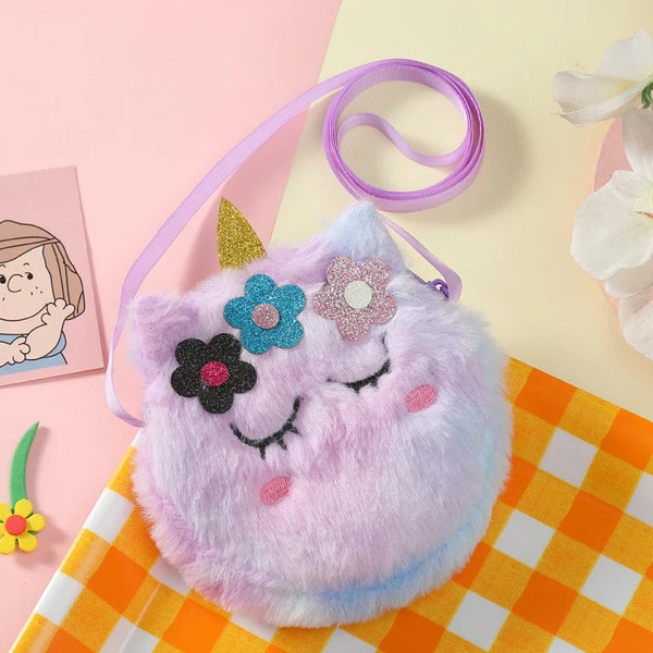 Children’s Cross-Body Bag Plush Unicorn Cartoon Coin Purse Cute Girl Flower Shoulder Bag Portable