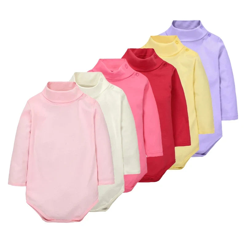 Baby Girl Long Sleeve Bodysuit – 100% Cotton High Collar Jumpsuit (Solid Color, 0-2 Years)