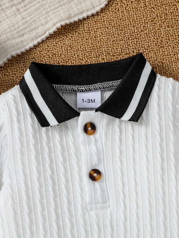 Baby Boy Autumn Jumpsuit – Solid White Turn-Down Collar Romper with Buttons (Casual Daily Wear, 0-18 Months)