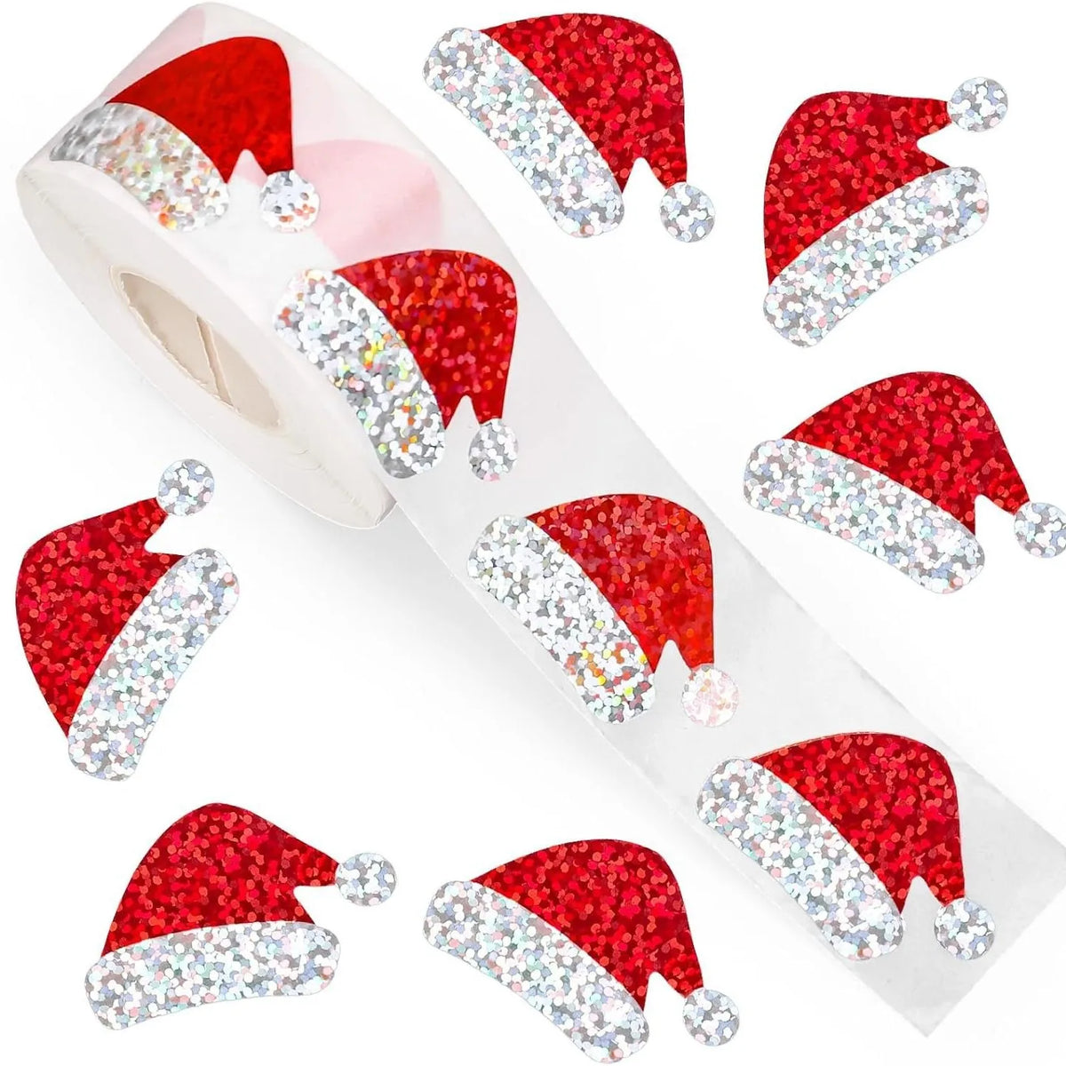 500Pcs Christmas Hat Stickers Roll | Laser Red Santa Hat Seal Stickers for Envelopes and Party