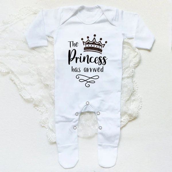 The Princess Has Arrived Print Baby Babygrow Sleepsuit – Newborn Coming Home Vest Bodysuit, Hospital Clothes, Infant Shower Gift