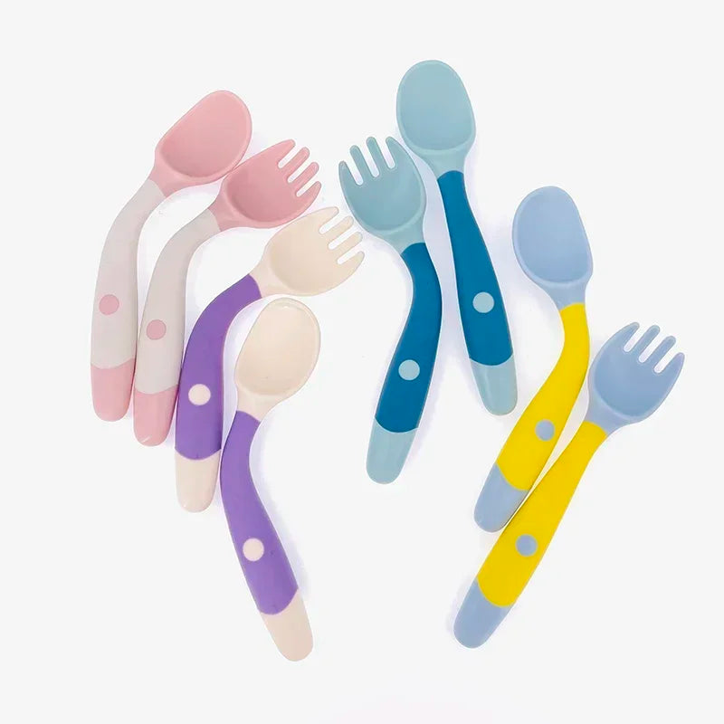 Baby Children Spoon & Fork Set - Soft Bendable Silicone Scoop Fork Kit, Toddler Training Feeding Cutlery, Baby Utensils Tableware