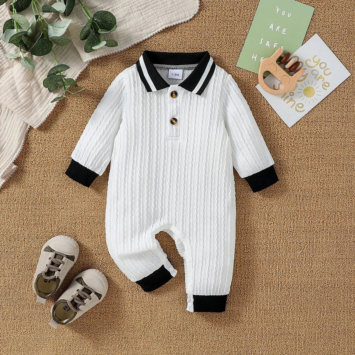 Baby Boy Autumn Jumpsuit – Solid White Turn-Down Collar Romper with Buttons (Casual Daily Wear, 0-18 Months)