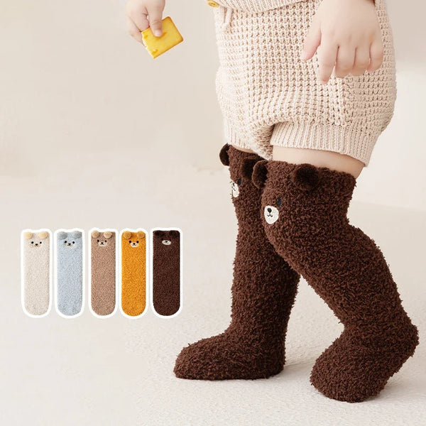 Baby Coral Velvet Socks – Warm Plush Knee-High Stockings with Cute Bear Design (0-5 Years)
