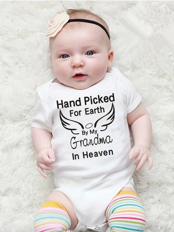 Hand Picked for Earth By My Grandpa/Grandma in Heaven Baby Bodysuit – Summer Short Sleeve Romper, Infant Jumpsuit, Baby Clothes