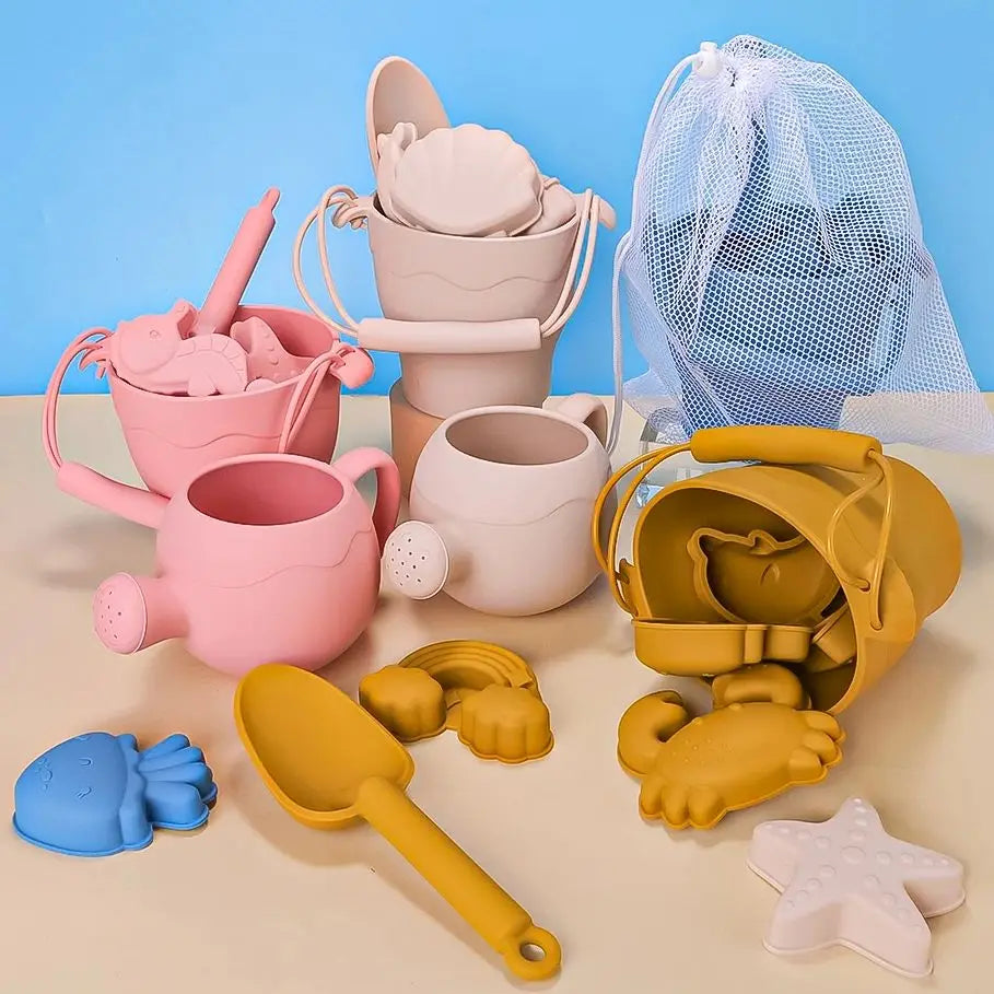 8 or 9-Piece Summer Beach Toy Set for Kids with Plastic Bucket, Watering Bottle, and Shovels