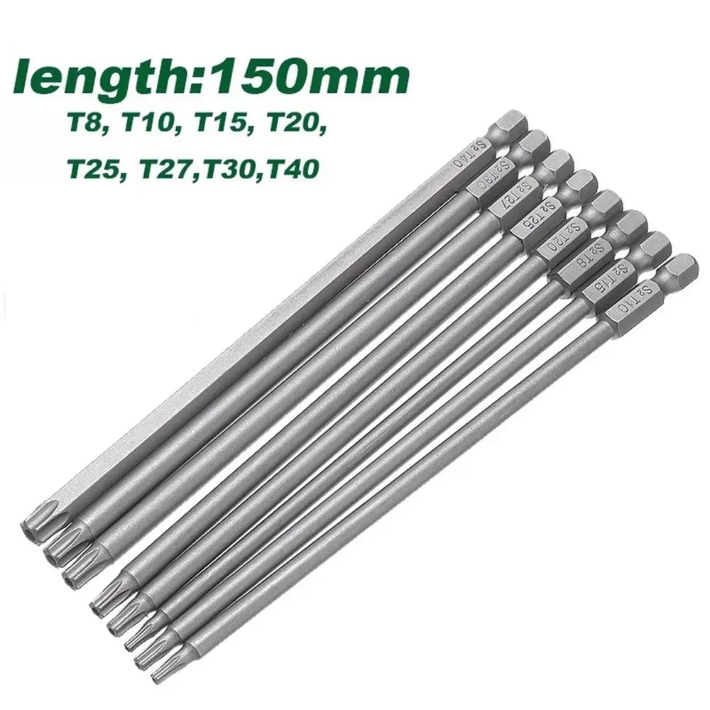 Long Magnetic Torx Screwdriver Bit 150mm Alloy Steel 1/4 Inch Hex