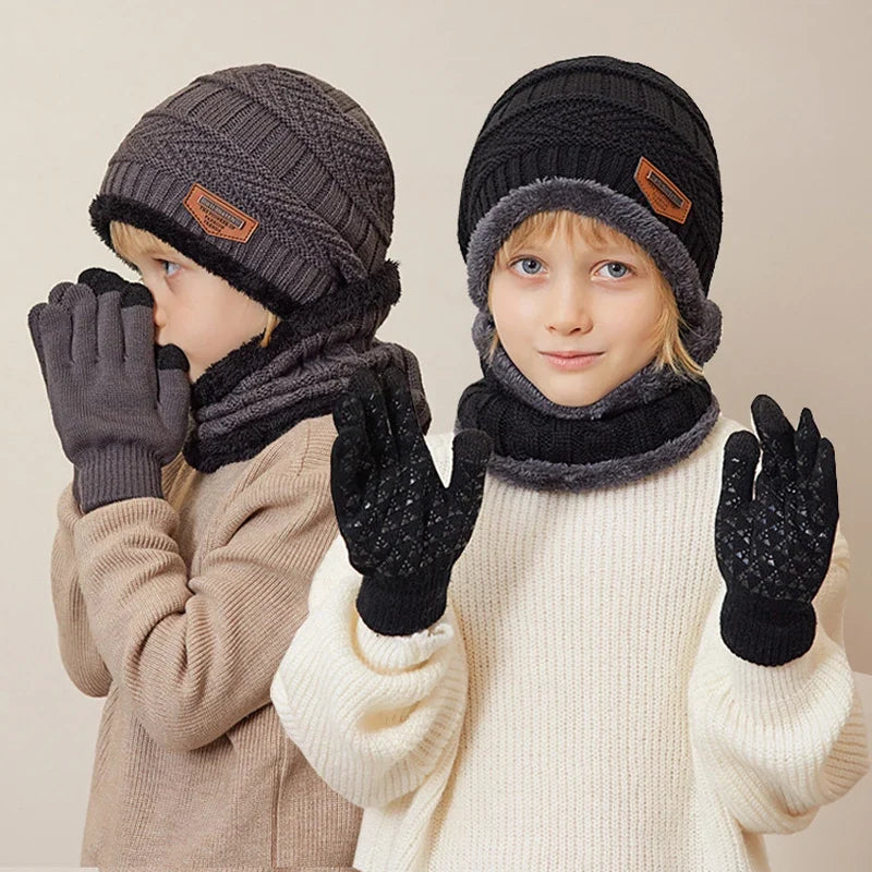 4Pcs Winter Kids Beanie Hat Set – Knitted Scarf, Gloves, & Neck Warmer with Plush Lining – Non-Slip Gloves for Boys & Girls (4-10Y)