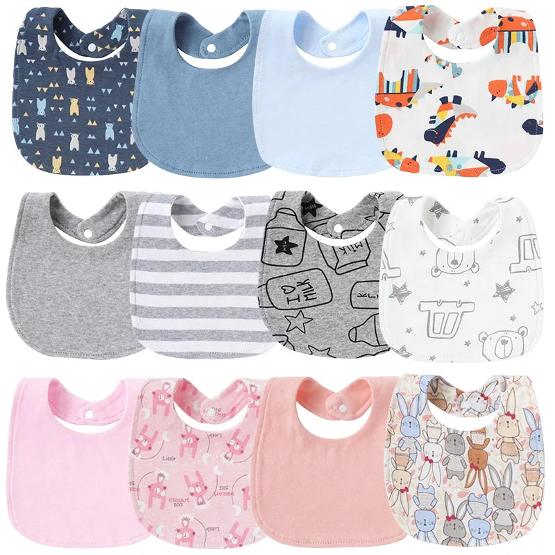 4 Pcs Baby Bibs – Printed Striped Double Layer Cotton Burp Cloths with Absorbent Pocket for Newborns