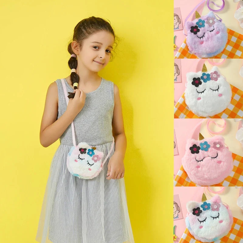 Children’s Cross-Body Bag Plush Unicorn Cartoon Coin Purse Cute Girl Flower Shoulder Bag Portable