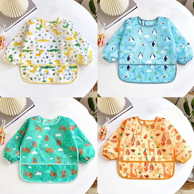 Waterproof Long-Sleeve Baby Bib – Colorful Cartoon Apron for Self-Feeding & Drawing (0-3 Years)