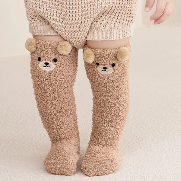 Baby Coral Velvet Socks – Warm Plush Knee-High Stockings with Cute Bear Design (0-5 Years)