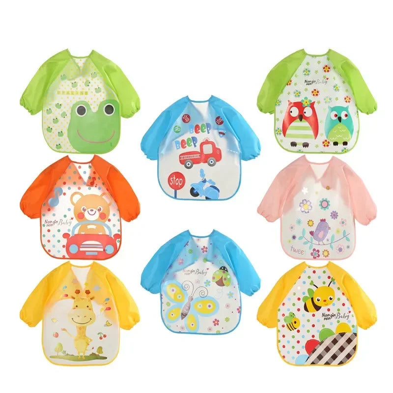 Waterproof Baby Eating Smock – Toddler Cartoon Long Sleeve Art Apron, Soft Feeding Bib & Burp Cloth for Boys & Girls