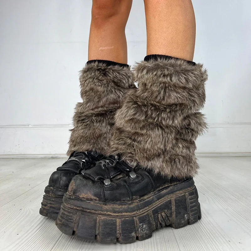 Vintage Faux Fur Leg Warmers - Furry Boots Cover Socks | Winter Thickened Plush Socks for Hot Girl Jk Punk Hiphop Cosplay Accessories