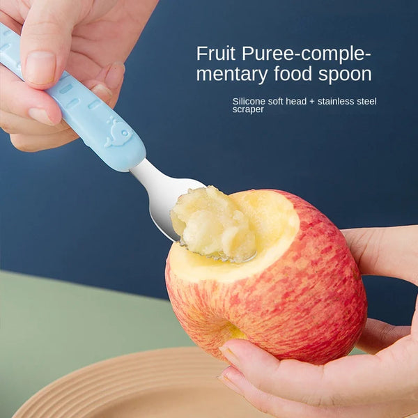 Baby Food Feeding Spoon Set – Stainless Steel Scraping & Soft Silicone Spoon for Infants and Toddlers – Includes Storage Box – BPA Free Baby Utensils for Puree, Soft Foods & Weaning