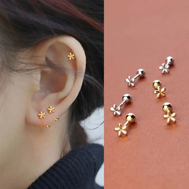 EVSIPOL Tiny Stainless Steel Screw Back Flower Stud Earrings