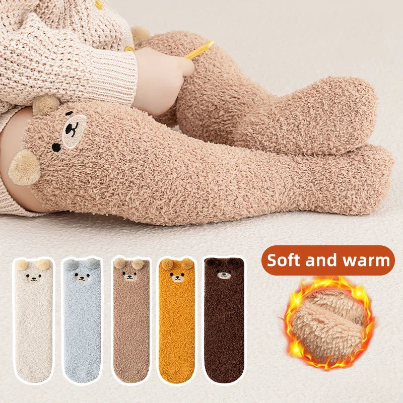 Baby Coral Velvet Socks – Warm Plush Knee-High Stockings with Cute Bear Design (0-5 Years)