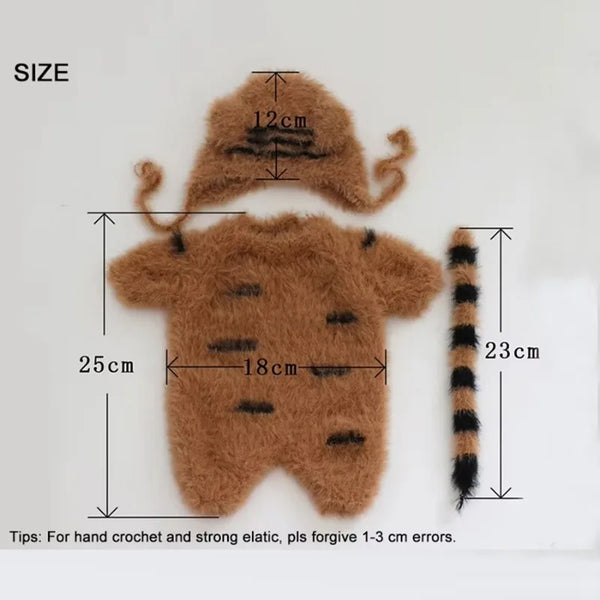 3pcs Baby Furry Tiger Costume Newborn Photography Set, Cute Animal Footed Jumpsuit, Hat & Tail, Infant Boy Girl Photo Prop Outfit