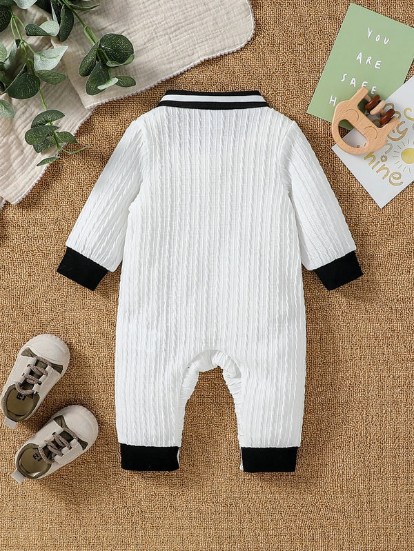 Baby Boy Autumn Jumpsuit – Solid White Turn-Down Collar Romper with Buttons (Casual Daily Wear, 0-18 Months)