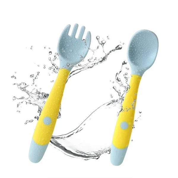 Baby Children Spoon & Fork Set - Soft Bendable Silicone Scoop Fork Kit, Toddler Training Feeding Cutlery, Baby Utensils Tableware