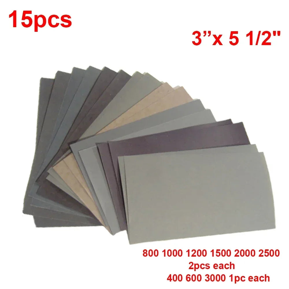 15Pcs Multi-Grit Sandpaper Set | Wet/Dry Sanding Sheets for Wood, Metal