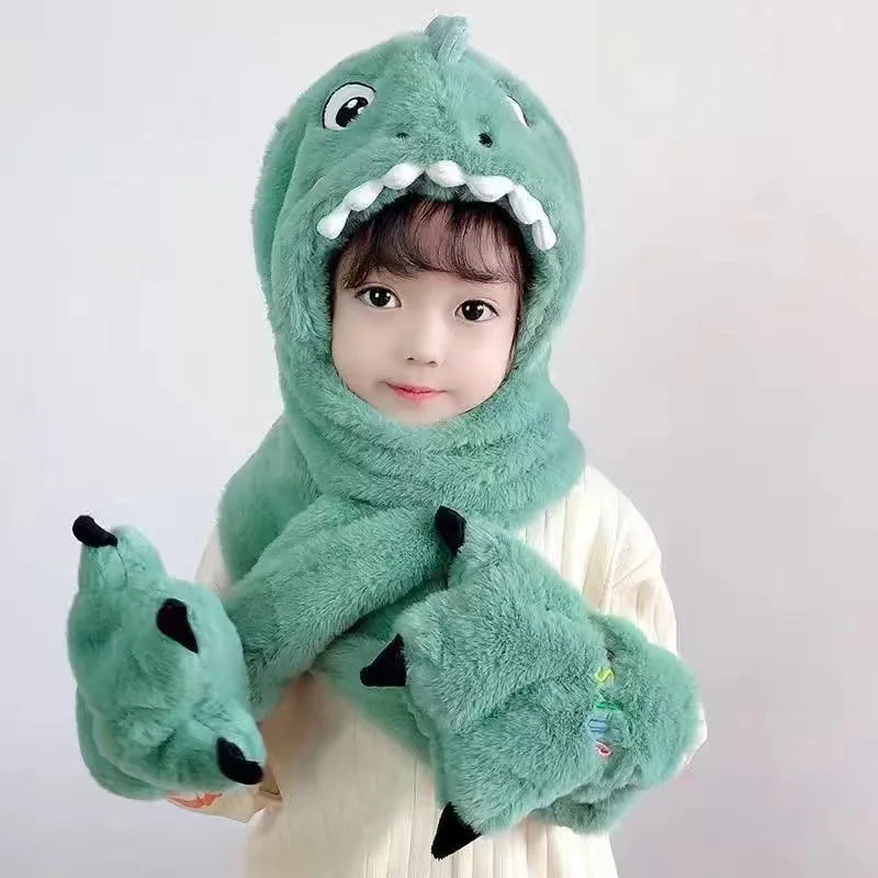 3-in-1 Plush Animal Hood – Winter Hat, Scarf & Gloves Set for Women & Girls, Cozy Christmas Dress-Up