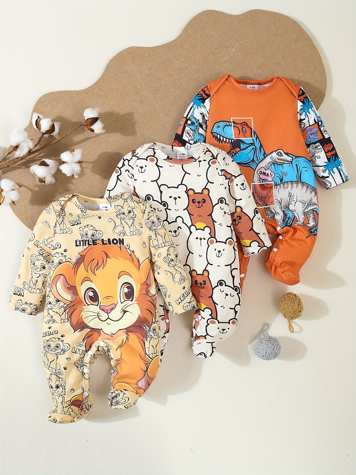3-Pack Boys' Knitted Rompers – Cartoon Lion, Dinosaur & Bear Prints, Button Detail, Regular Fit (All-Season Baby Clothing, Outdoor Wear)