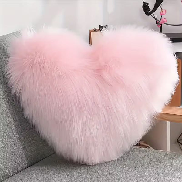 Heart-Shaped Faux Fur Throw Pillow – Soft Decorative Cushion with Zipper Closure for Sofa, Bed &amp; Home Decor