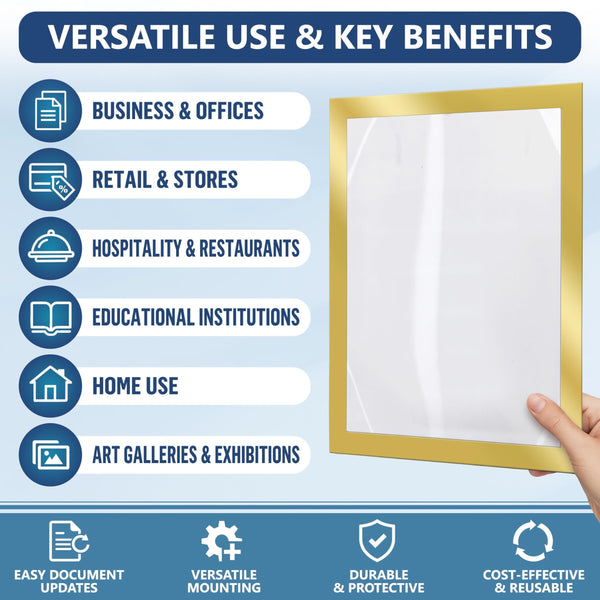 12 Pack Magnetic Sign Holder 8.5 x 11 inch with Adhesive Back Gold Magnetics Poster Frame Magnetic Paper Holder Reusable Adhesive Frames Magnet Frame for Wall Windows Magnet Document Holders
