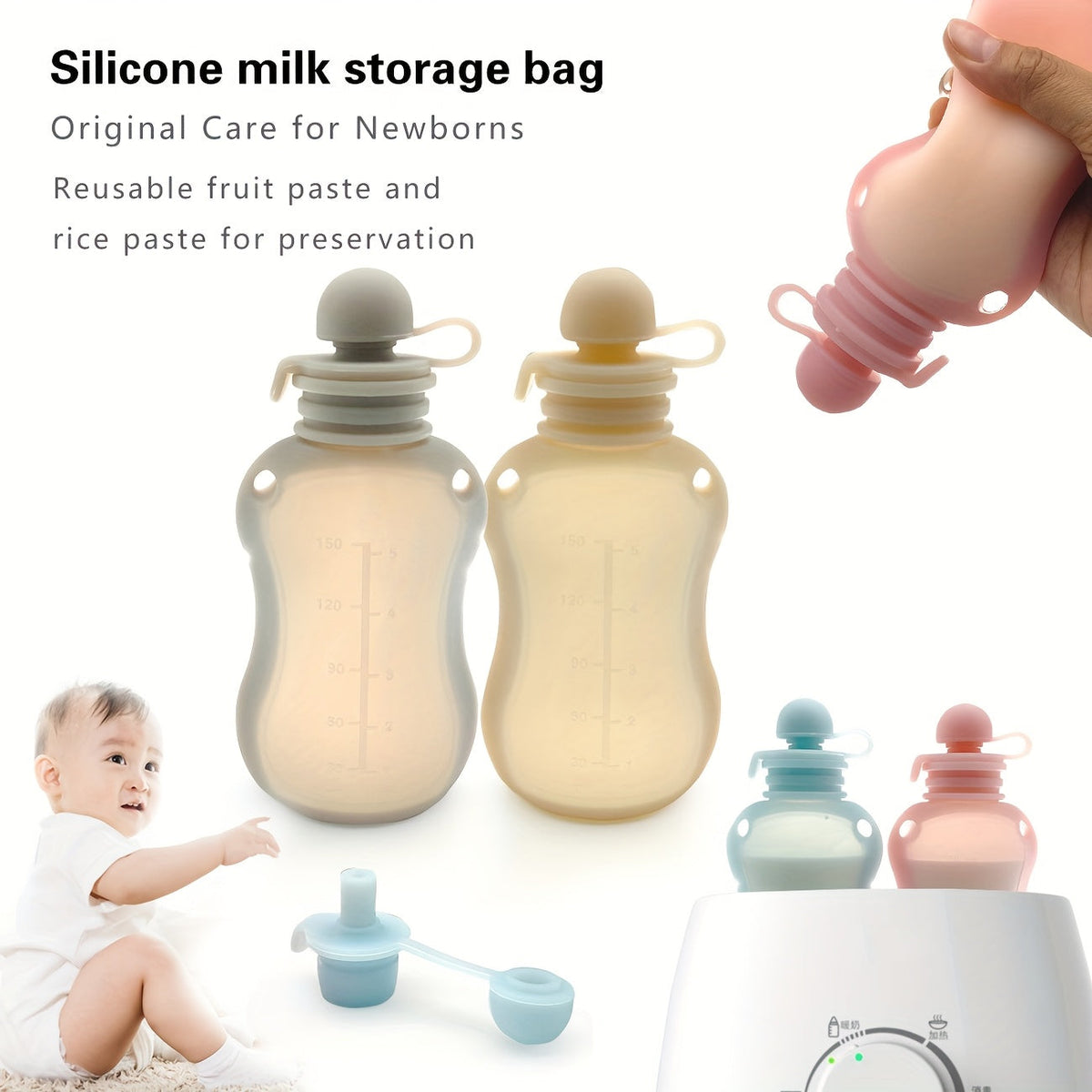 2-Pack Reusable Silicone Food Pouches – Freezer, Dishwasher & Microwave Safe – Mixed Colors (Grey, Blue, Beige, Pink) – Ideal for Juice, Applesauce & Yogurt