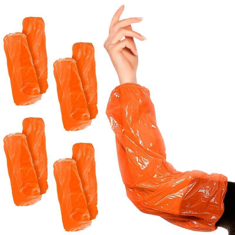 Disposable Sleeve Protectors for Arms 18 Inch Long Pack of 100 Orange Disposable Arm Sleeve Protectors with Elastic Ends 1 mil Thick and Waterproof Polyethylene Disposable Sleeves to Cover Arms