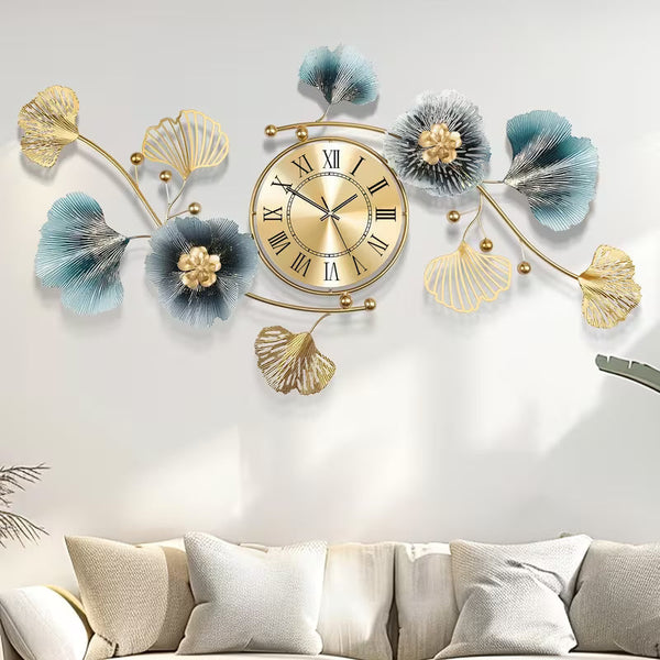 3D Ginkgo Leaf Metal Wall Clock – Large Silent Decorative Clock, 37 × 20 Inches