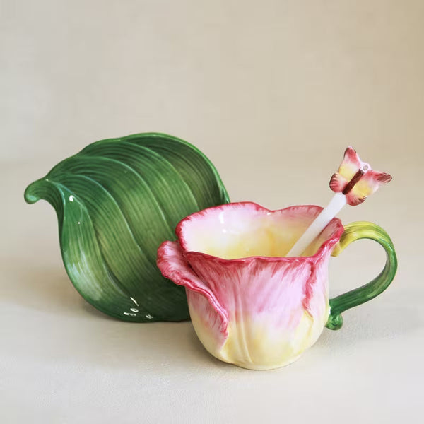 Hand-Painted 3D Tulip Ceramic Tea Cup &amp; Saucer Set – 5 oz Floral Coffee Cup with Leaf Saucer &amp; Spoon