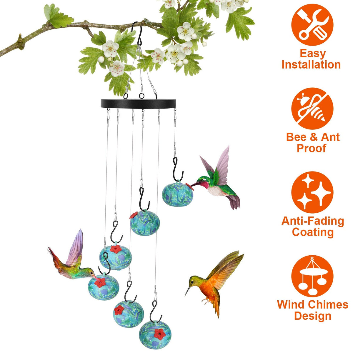 Wind Chimes Humming Bird Feeder Ant and Bee Proof Outdoor Hanging Hummingbird Feeder For Viewing Decoration For Garden Patio Yard Balcony