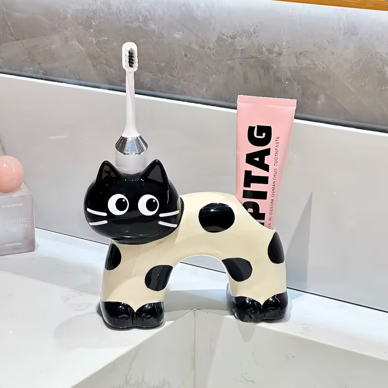 Cute Spotted Cat Ceramic Toothbrush Holder – Multipurpose Organizer for Electric Toothbrushes, Makeup Brushes &amp; Pens