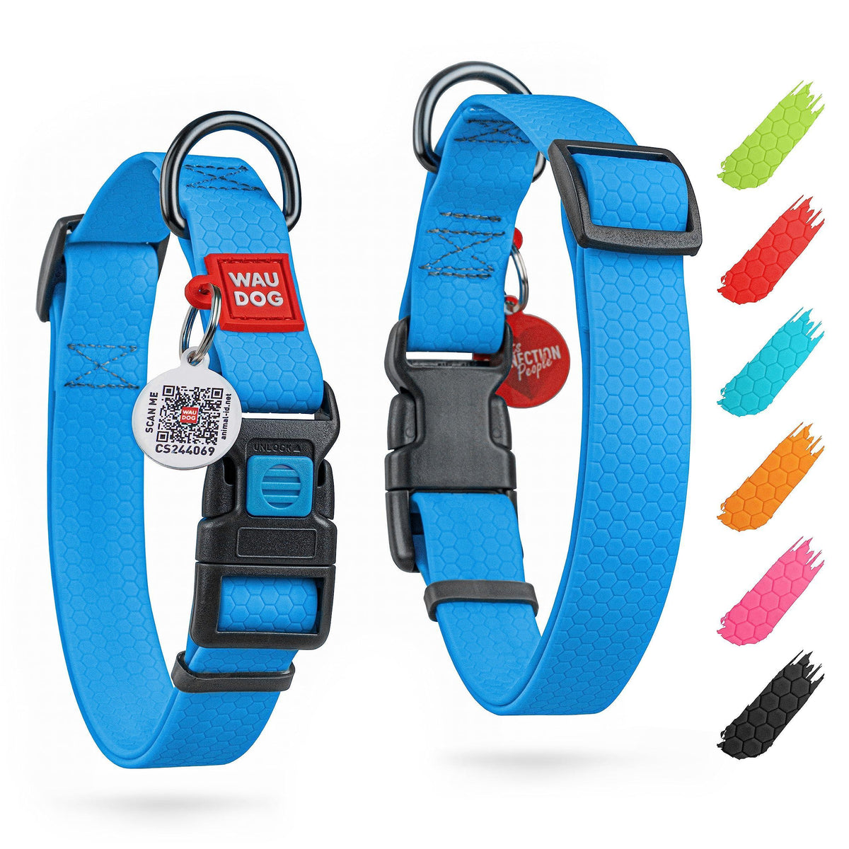 Waterproof Dog Collar Adjustable 14–23 in Neck x 1 in Wide Buckle & QR Tag Blue