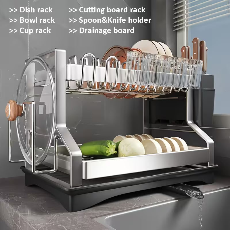 2-Tier Stainless Steel Dish Drying Rack – Rust-Resistant Kitchen Organizer with Automatic Drainage