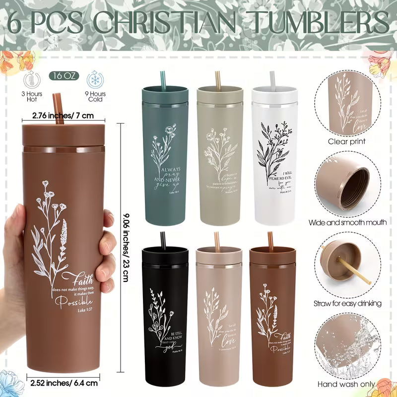 6-Piece Christian Gift Set for Women, Bible Verse Skinny Tumbler with Lid and Straw, Cosmetic Bag, Compact Mirror and Religious Accessories, Inspirational Gift Set for Mom, Teacher, Nurse, Godmother and Church Friends