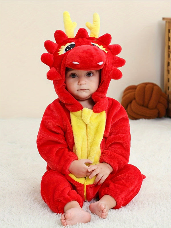 Toddler Red Dragon Animal Romper Pajama – Hooded Long Sleeve Sleepwear (100% Polyester, Flame Resistant, Spring/Fall, Boys & Girls)