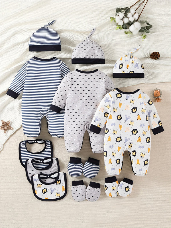 SHIXUANBAOBEI Newborn Infant 15pcs Set – Long-Sleeved Footed Onesies with Colorful Floral Print, Includes Hat, Bib, Gloves (Soft & Comfortable, Perfect Gift)